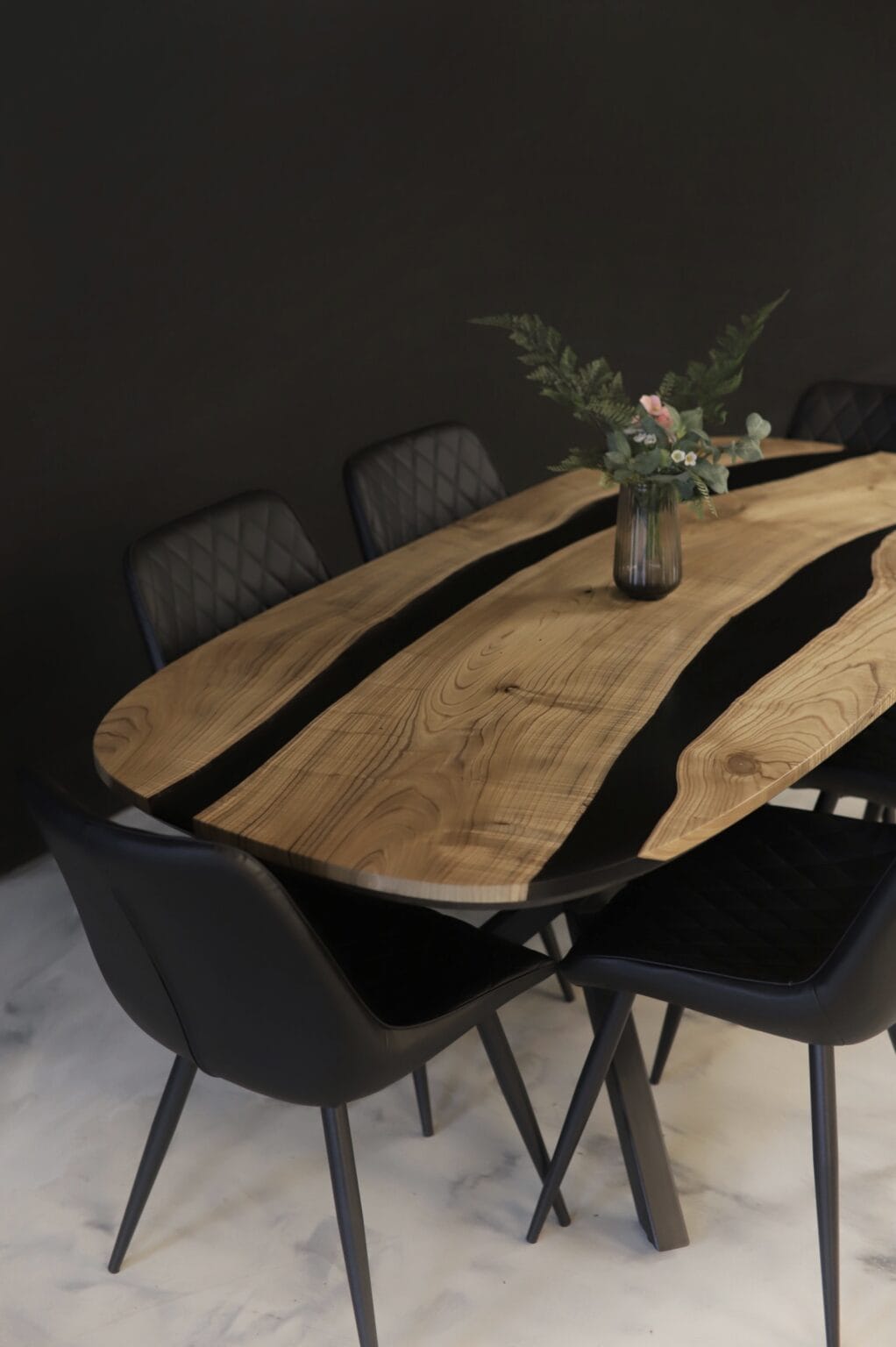 Wood’s Buddy Twin Black Epoxy River Solid Wood Oval Dining Table – 6 Seater Modern Live Edge Design