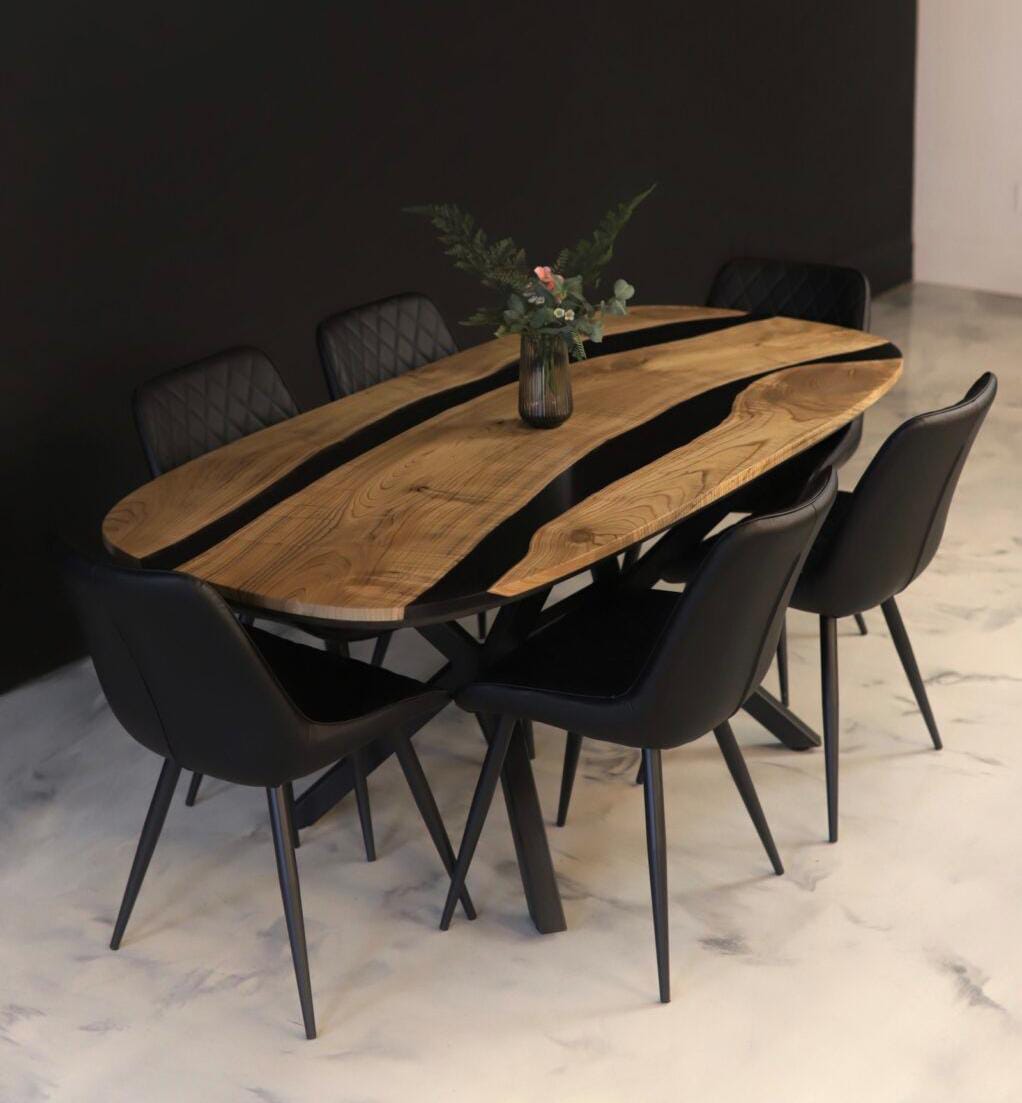 Wood’s Buddy Twin Black Epoxy River Solid Wood Oval Dining Table – 6 Seater Modern Live Edge Design
