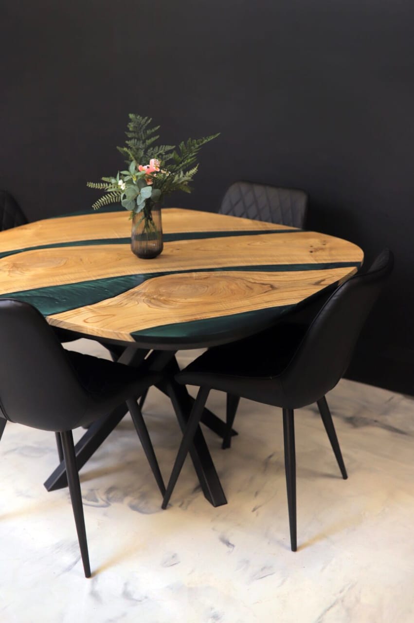 Wood’s Buddy Turquoise Epoxy River Solid Wood Square Dining Table – 4 Seater Handcrafted Live Edge Design