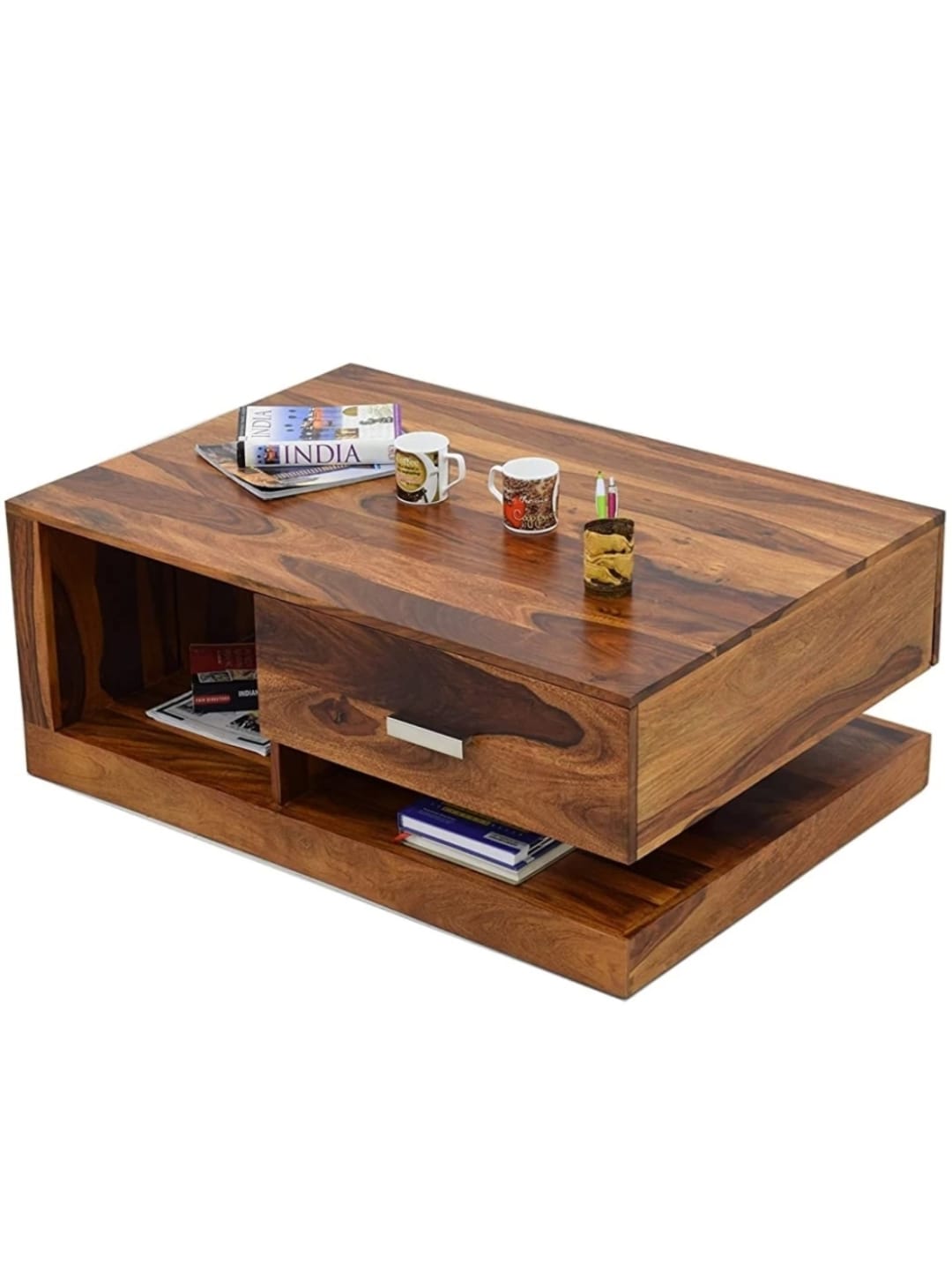 Sheesham Wood Coffee Center Table with Drawer & Open Storage