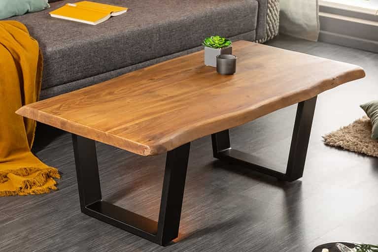 Rustic Solid Wood Live Edge Center Table | Natural Wood & Metal Base
