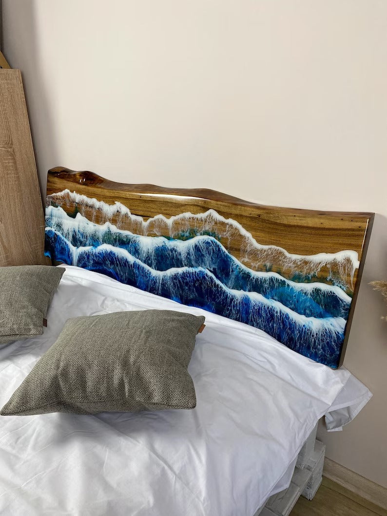 Ocean Wave Epoxy Resin Headboard – Live Edge Solid Wood Bed Headboard