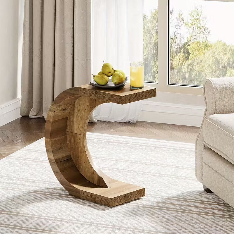 Curved Elegance Modern C-Shape Side Table – Solid Wood Sofa Bed Companion | Wood’s Buddy