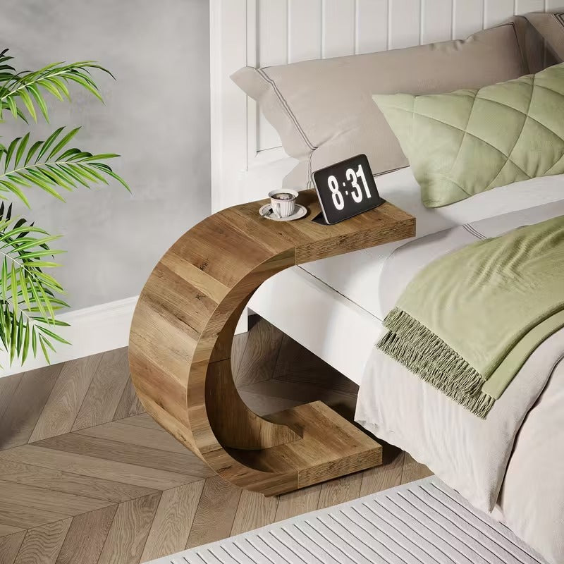 Curved Elegance Modern C-Shape Side Table – Solid Wood Sofa Bed Companion | Wood’s Buddy