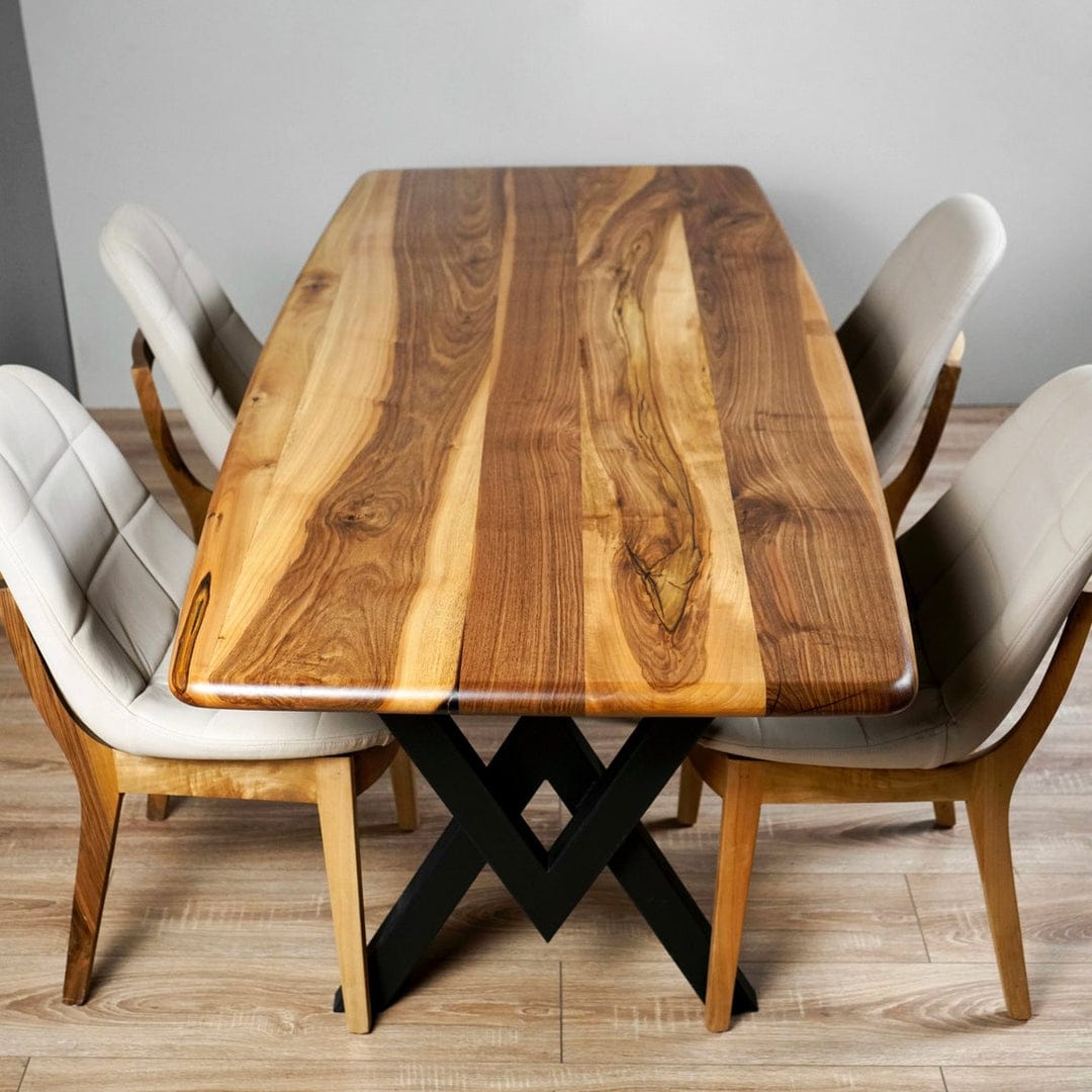 Solid Acacia Wood 6-Seater Dining Table – Live Edge Design with Metal Base | Wood’s Buddy