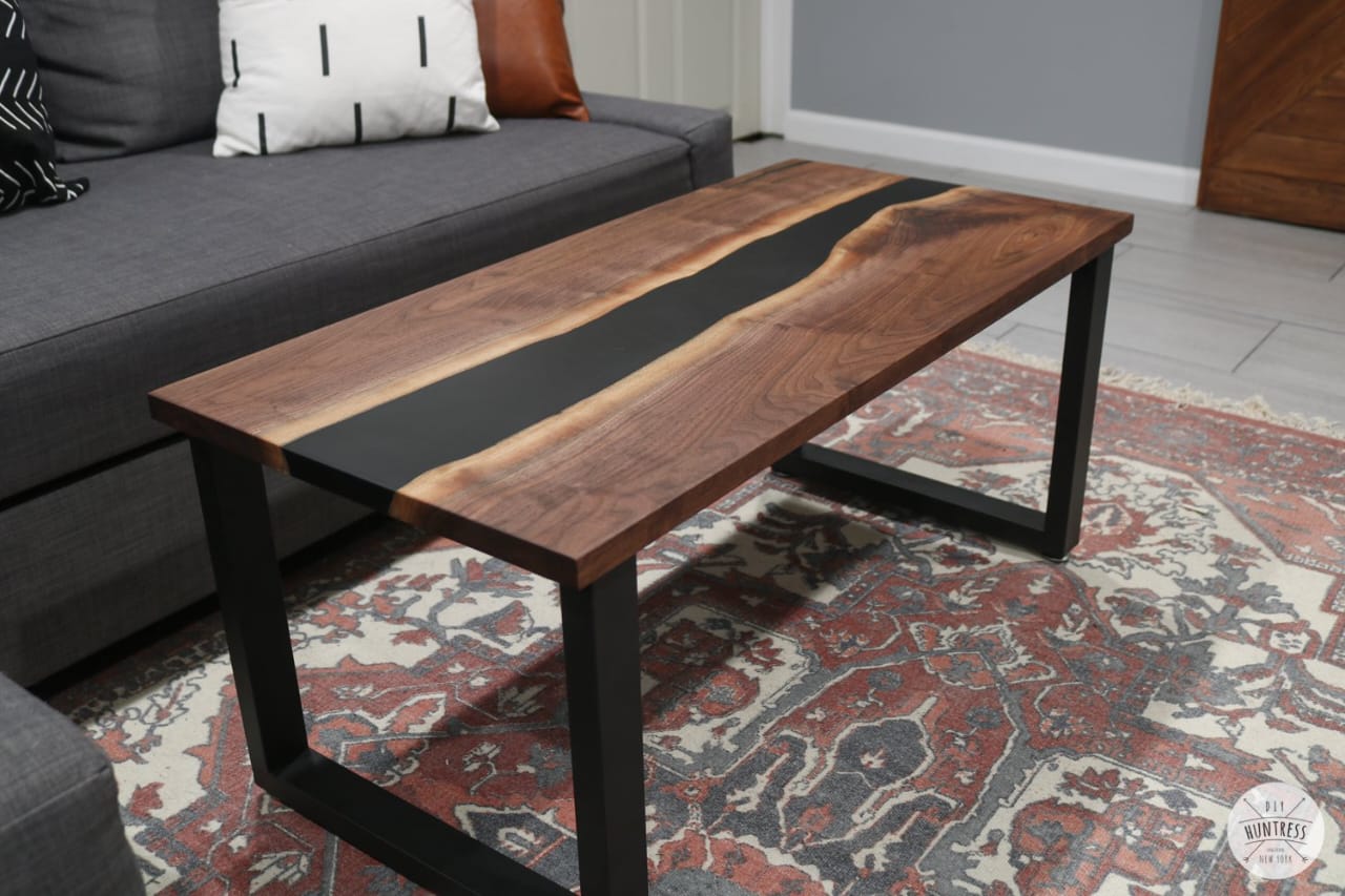 Black Epoxy Resin Solid Wood Dining Coffee Table with – Modern Wooden Centre Table Perfect for Living Room | Walnut Finish | Wood’s Buddy