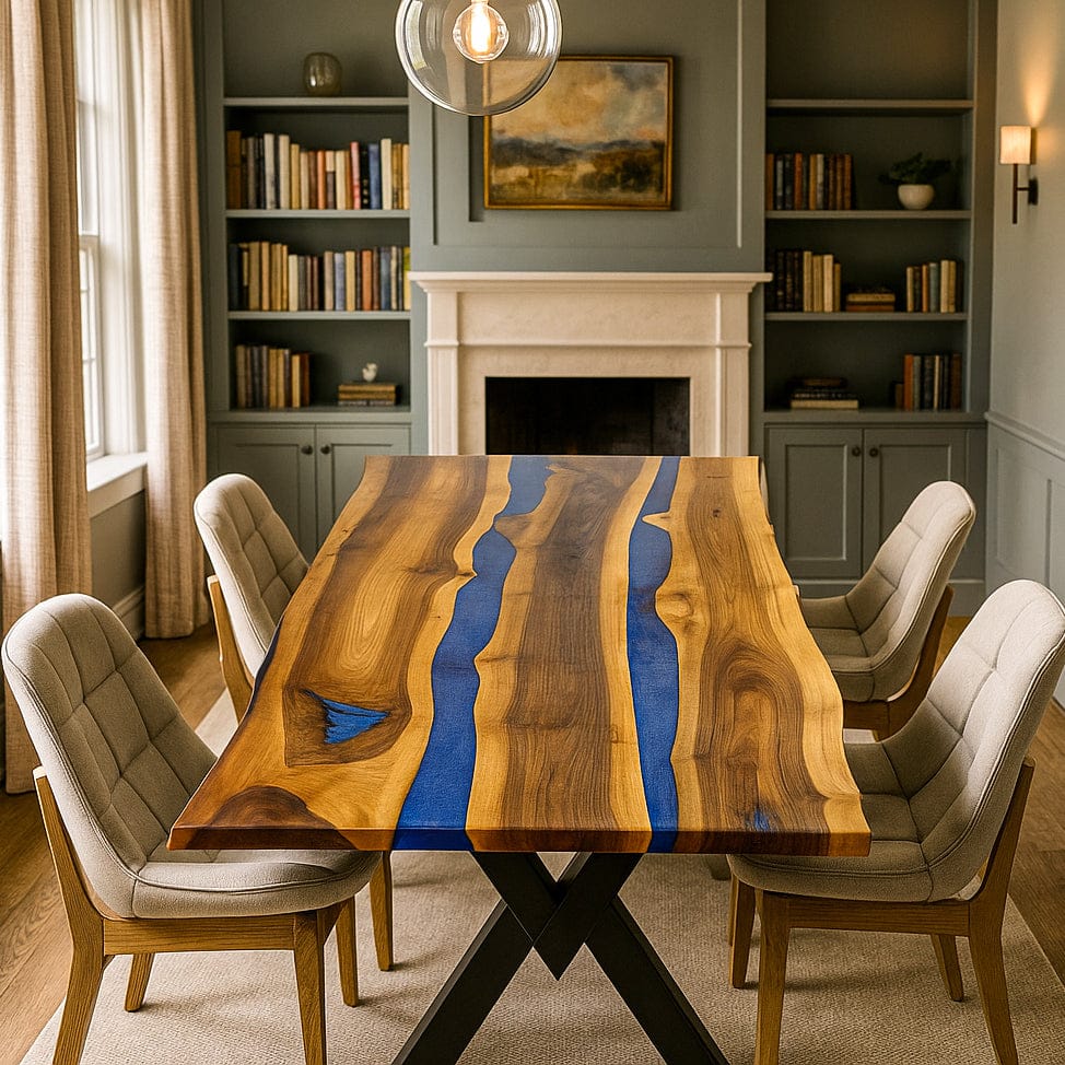 Dining room with a wooden table featuring a blue resin river design with natural live edge, surrounded by chairs.