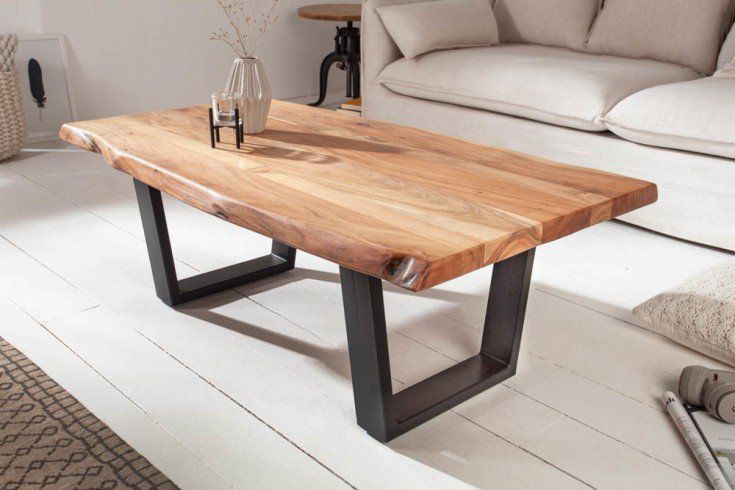 Wood’s Buddy Solid Acacia Live Edge Coffee Table – Rustic Wooden Design with Steel Base