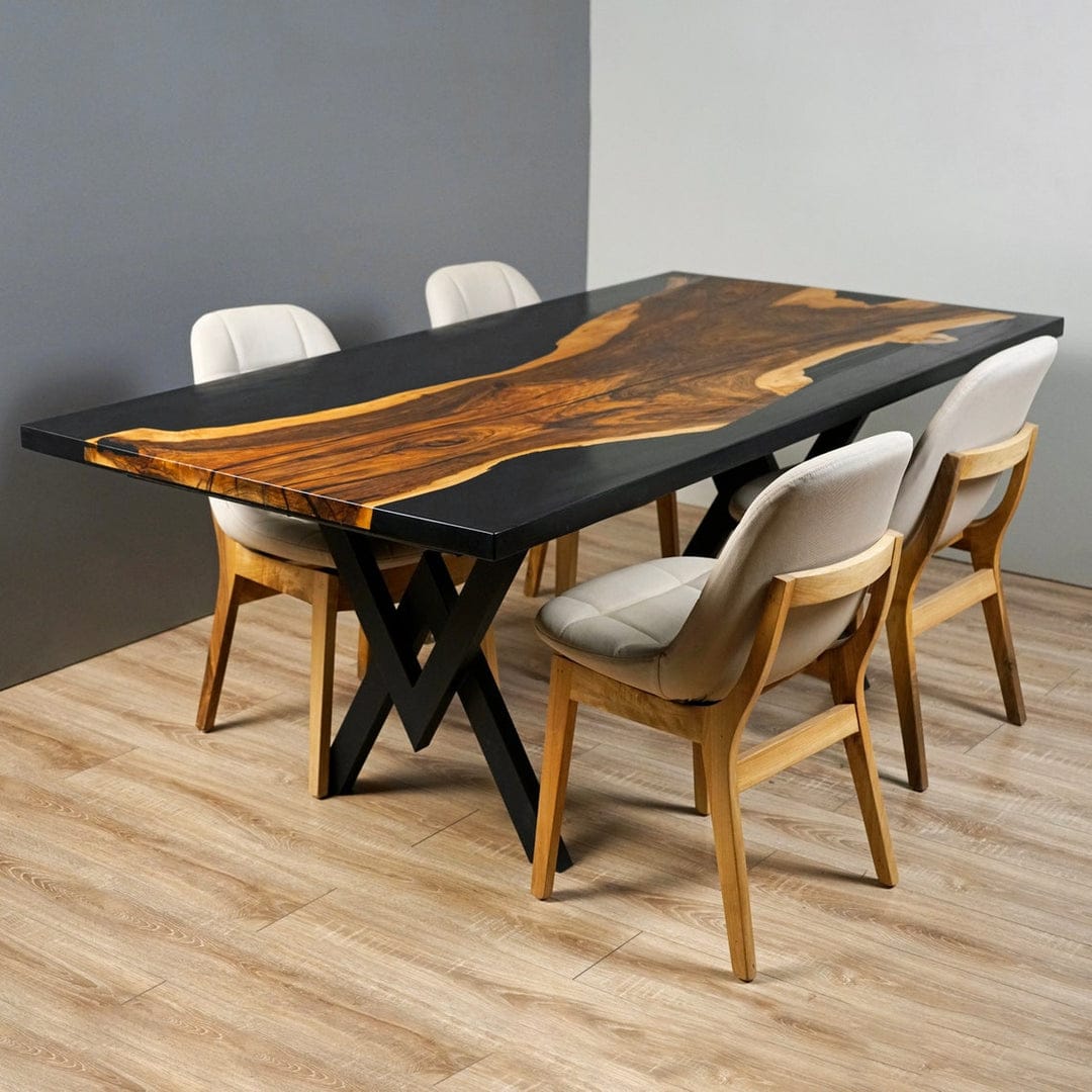 luxury SINGLE SLAB COAL BLACK epoxy resin dining table
