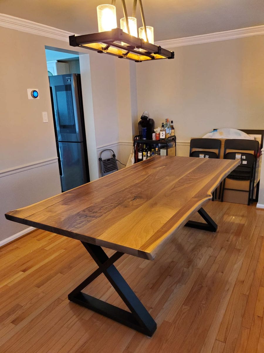 Rustic Modern Solid Acacia Wood 6-Seater Live Edge Dining Table with Metal X-Base | Wood’s Buddy