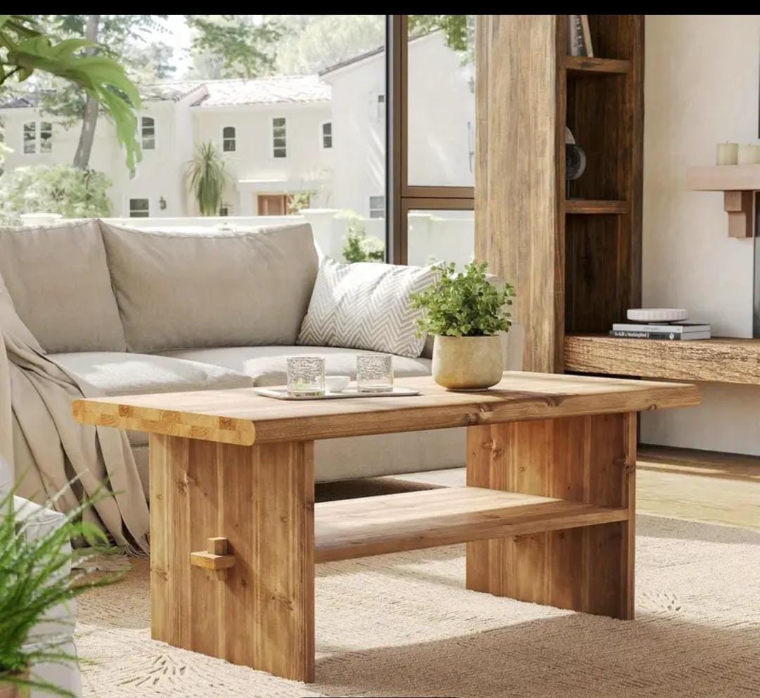 Rustic Solid Wood Coffee Table – Modern Farmhouse Wooden Living Room Centre Table with Lower Shelf