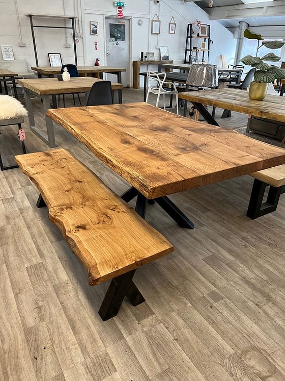 Rustic Acacia Solid Wood Live Edge 6-Seater Dining Table with X-Base Benches – Wood’s Buddy